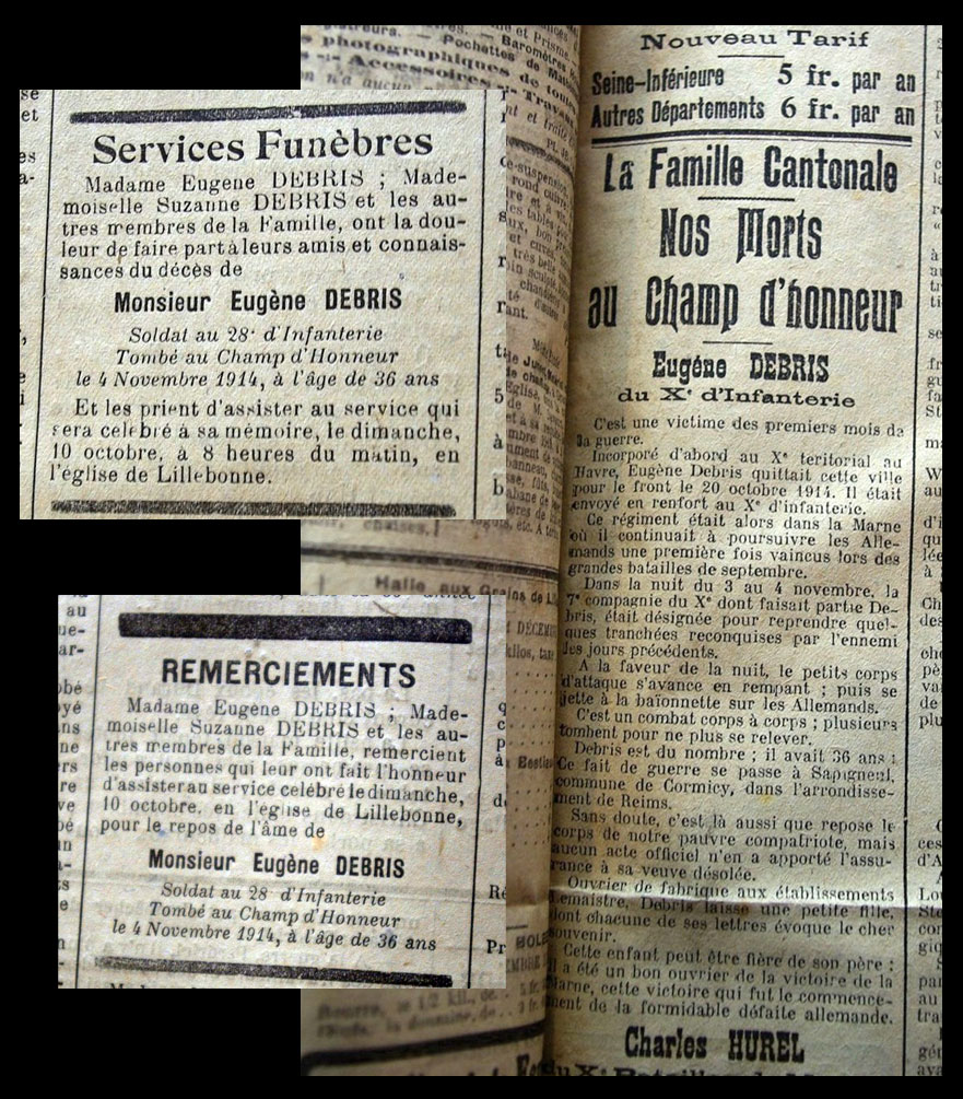 Eugne Debris du 28e RI, dcd  Sapigneul le 3 novembre 1914.