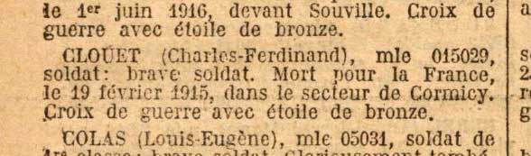 Citation de Charles Clouet, dcd le 19 fvrier 1915  Cormicy.