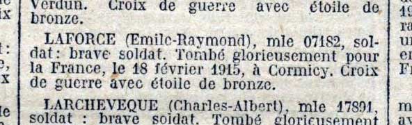 Extrait du JO du 8 octobre 1922 : citation d'mile Laforce