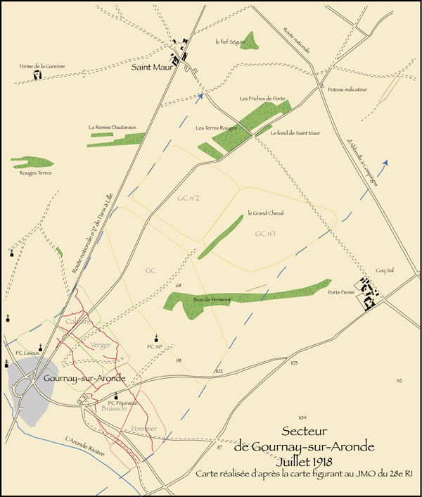 Plan du secteur de Neufvy-Gournay-sur-Aronde occup par le 28e RI de juin  aot 1918