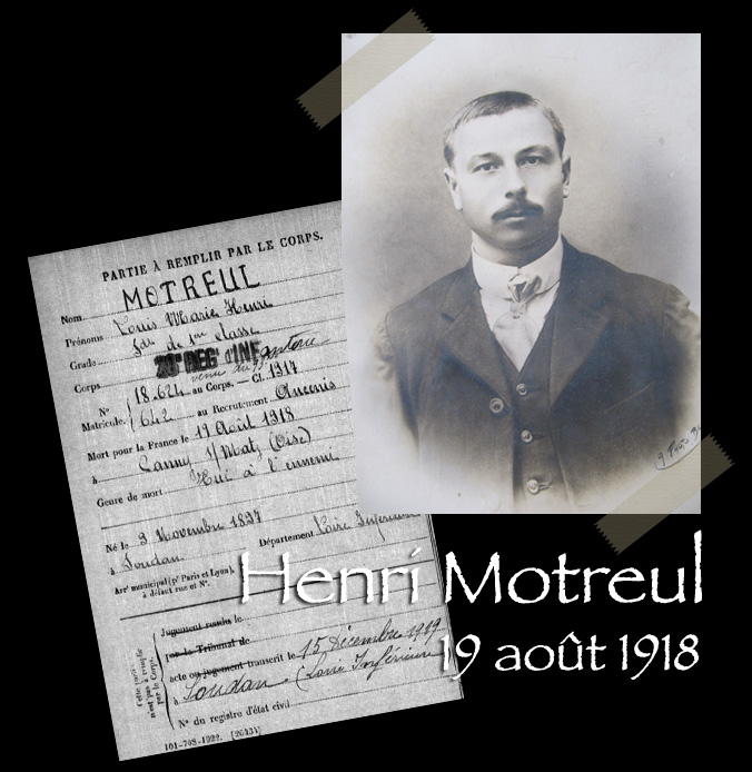 La fiche "Mort pour la France" et la photo de Louis Motreul