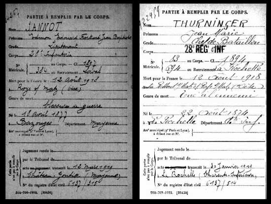 Les fiches "Morts pour la France" du commandant Thurninger et du lieutenant Jannot