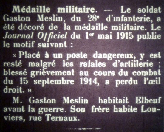 Extrait de l'Elbeuvien du 13 juillet 1915 : la citation de Gaston Meslin