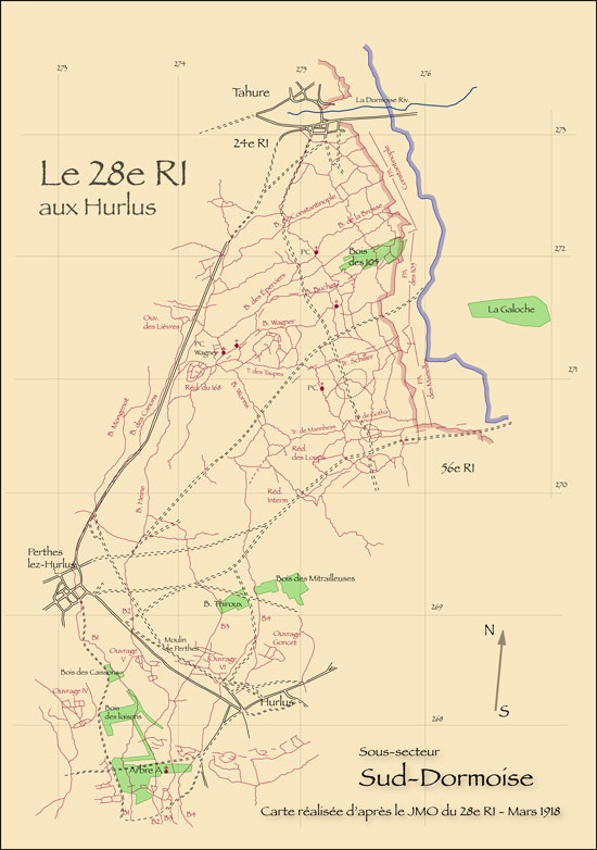 Reproduction de la carte figurant au JMO du 28e RI