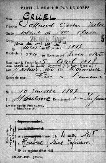 La fiche "Mort pour la France" de Marcel Gruel.