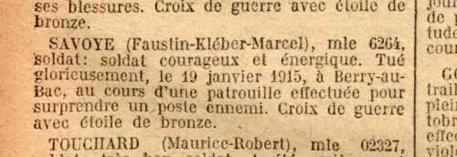 Citation de Fastin Savoye. Extrait du Journal officiel, octobre 1920