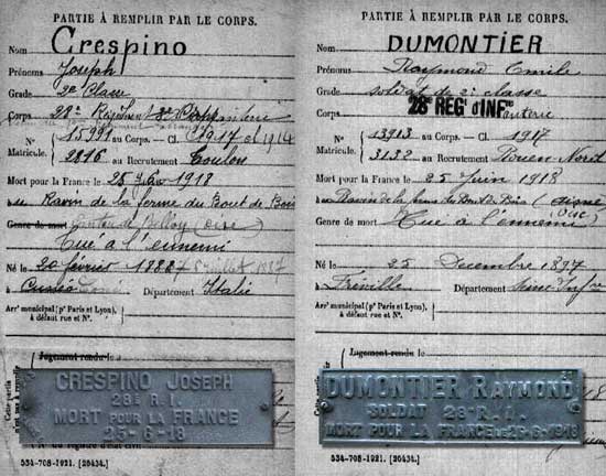 Les fiches de R. Dumontier et de J. Crespino, tués le 25 juin 1918