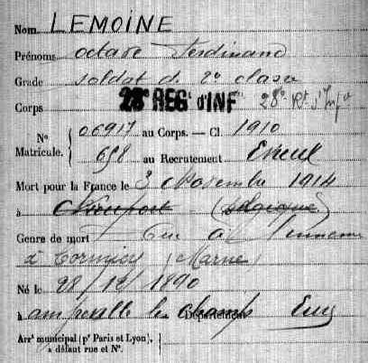 La fiche "Mort pour la France"  d'Octave Lemoine