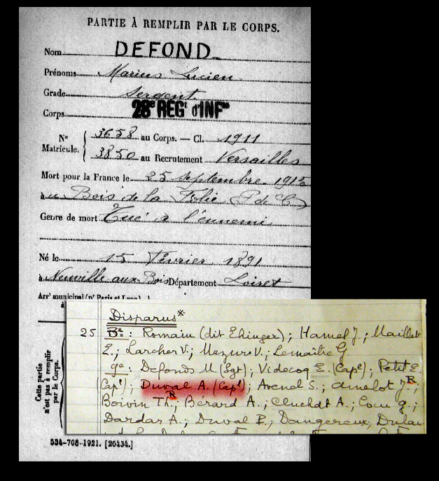 La fiche "Mort pour la France" de Marius Defond