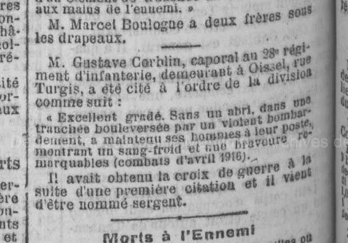 Gustave Corblin, extrait du Journal de Rouen, 28 mai 1916.