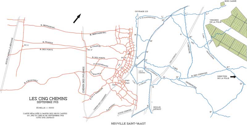 Plan ralis  partir des deux cartes figurant dans le JMO du 28e RI : secteur des 5-chemins, septembre 1915.