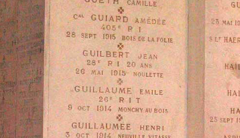 La plaque  la mmoire de Jean Guilbert de la 5e compagnie du 28e RI