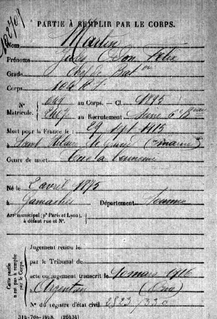 Fiche "Mort pour la France" de Jules Martin, chef de bataillon du 104e RI