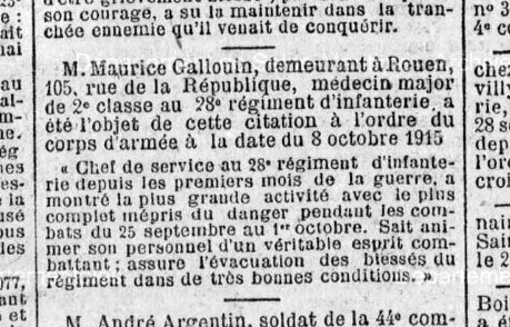 Citation de Maurice Gallouin, mdecin aide major du 28e RI en 14-15