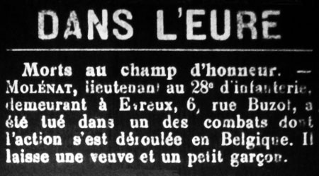 L'Elbeuvien du 11 octobre 1914, la mort de Molnat, officier du 28e RI