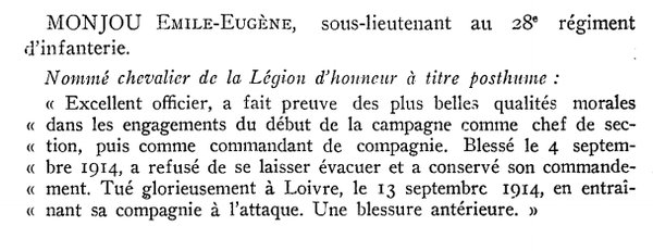 Notice du sous-lieutenant Monjou, tu le 13 septembre 1914  Loivre
