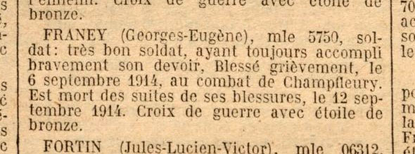 Citation de Georges Franey des Pavillons-sous-Bois, JO du 22 octobre 1922 Citation de Georges Franey des Pavillons-sous-Bois, JO du 22 octobre 1922