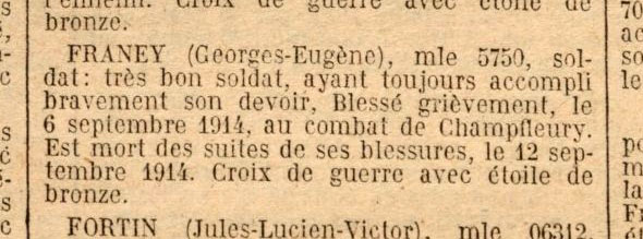 Citation de Georges Franey des Pavillons-sous-Bois, JO du 22 octobre 1922